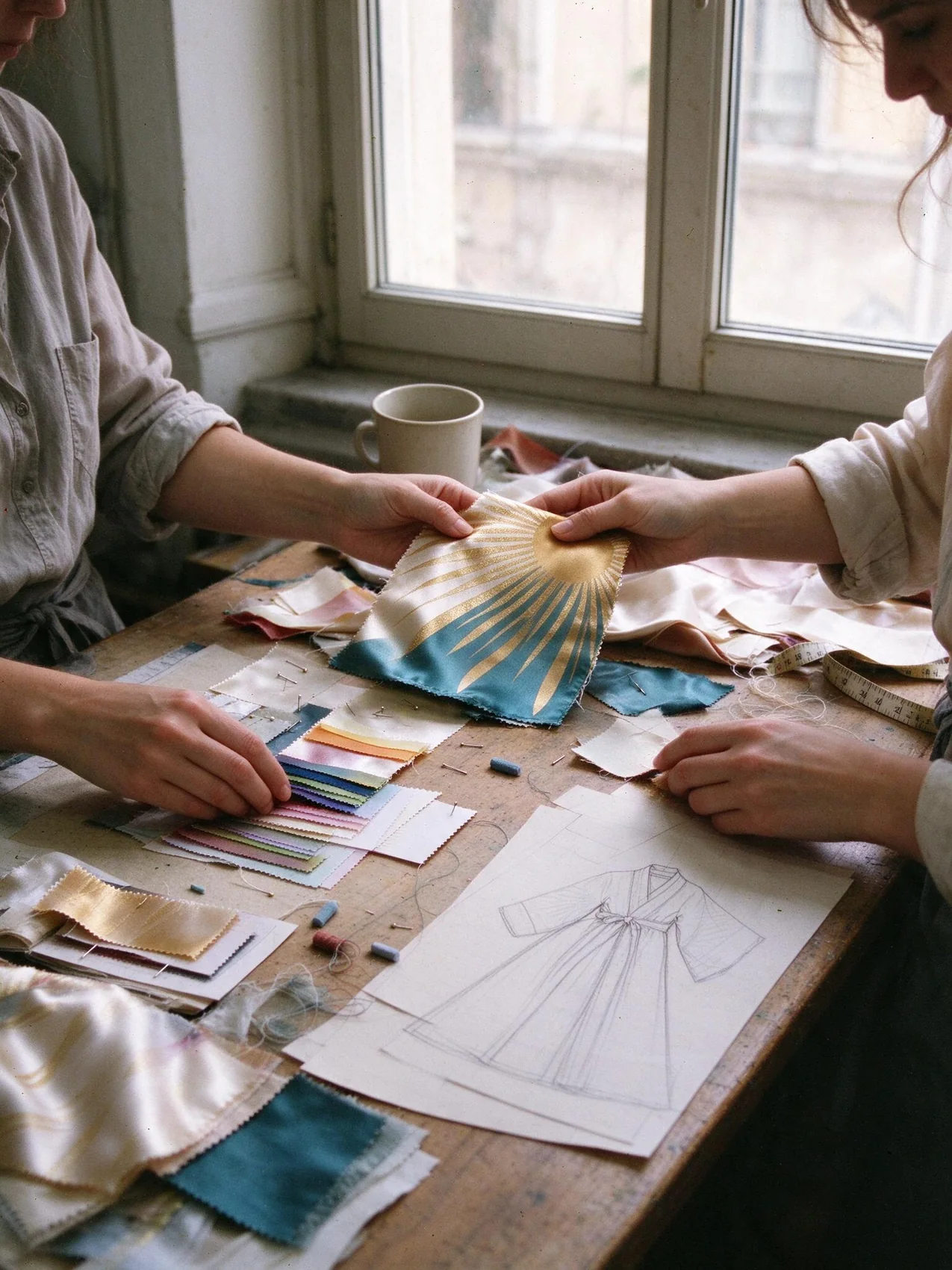 hands laying out printed silk swatches and colour strips on the Florence studio table