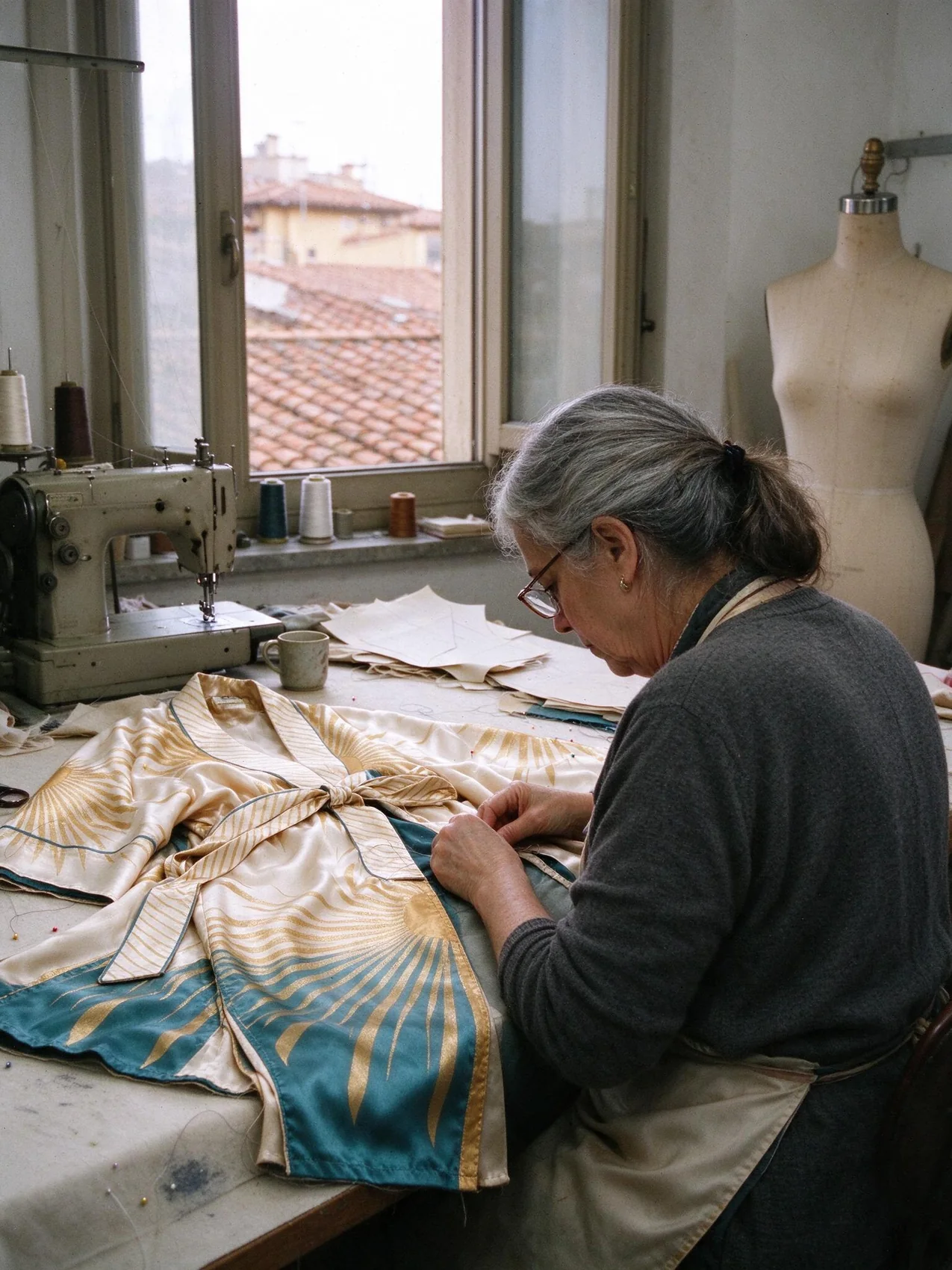 a seamstress hand-stitching the hem of a kimono by the window of the Florence atelier