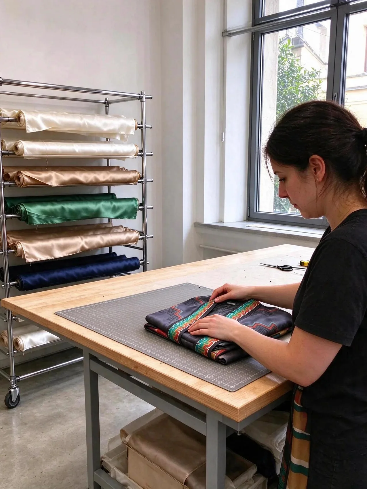 a seamstress folding a finished kimono in the Florence atelier, next to the orange tubes