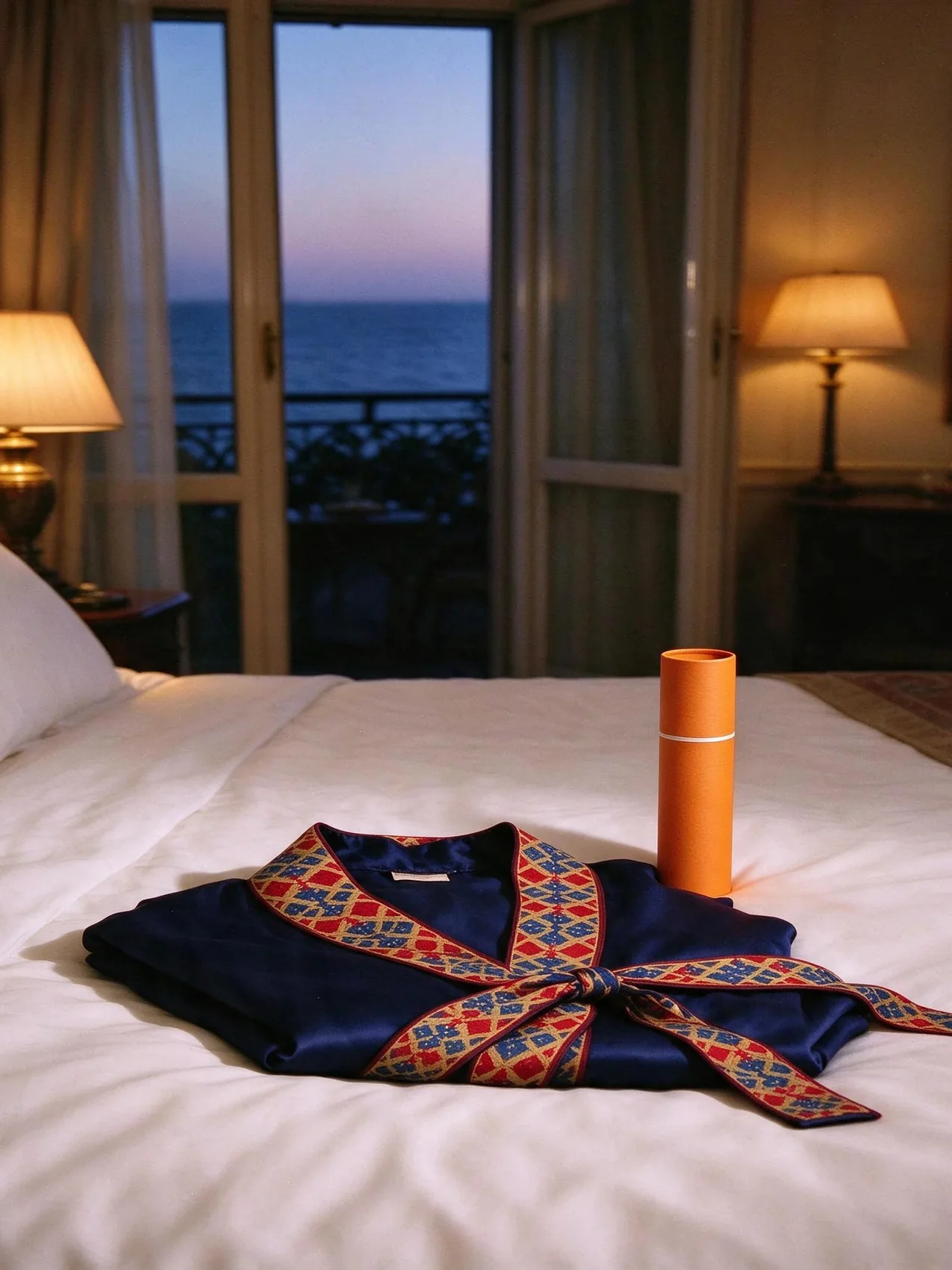 kimono laid on the bed of a suite with its orange tube