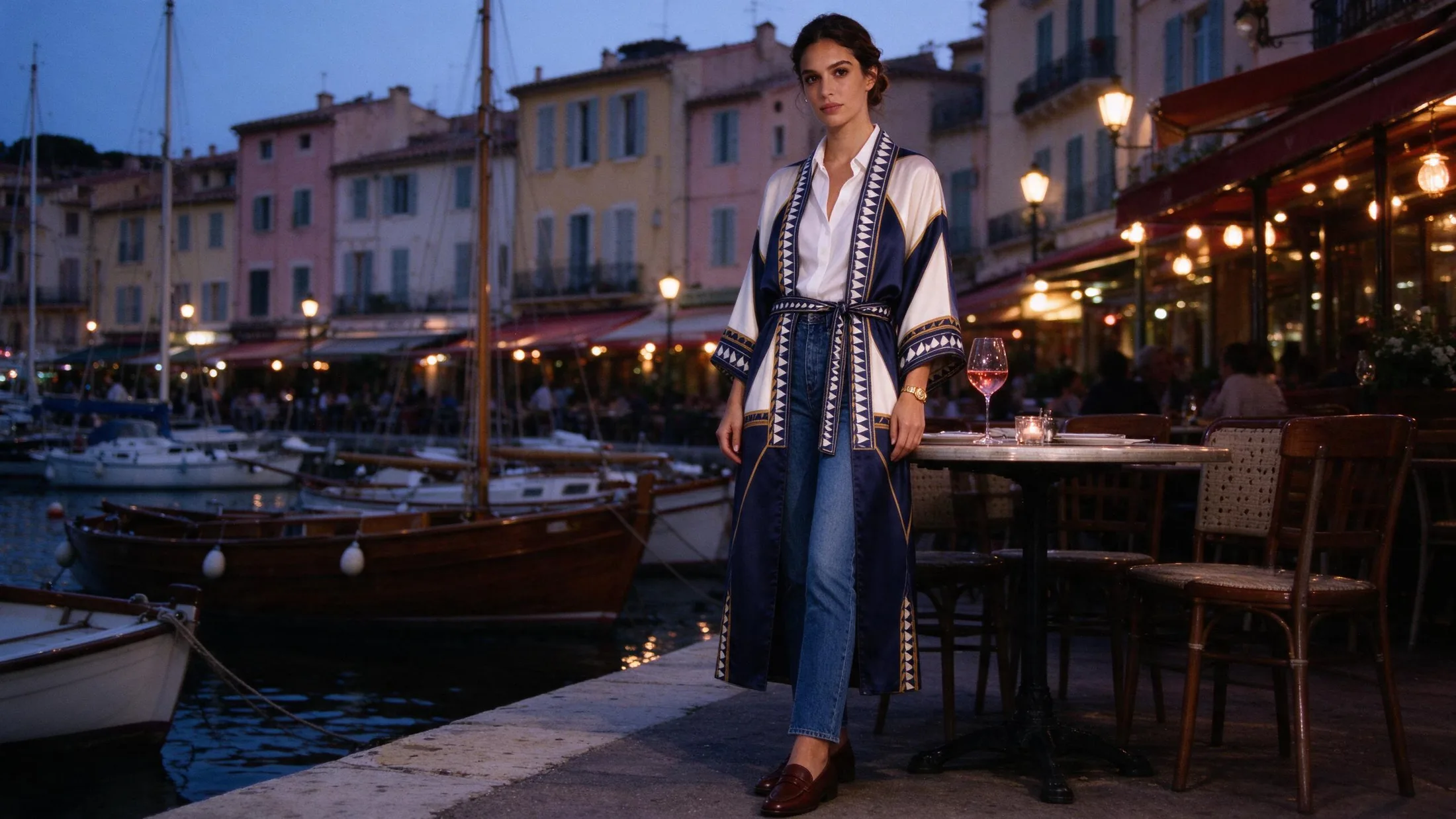 Ramatuelle kimono open over a white shirt and jeans, aperitivo on the old port of Saint-Tropez at blue hour