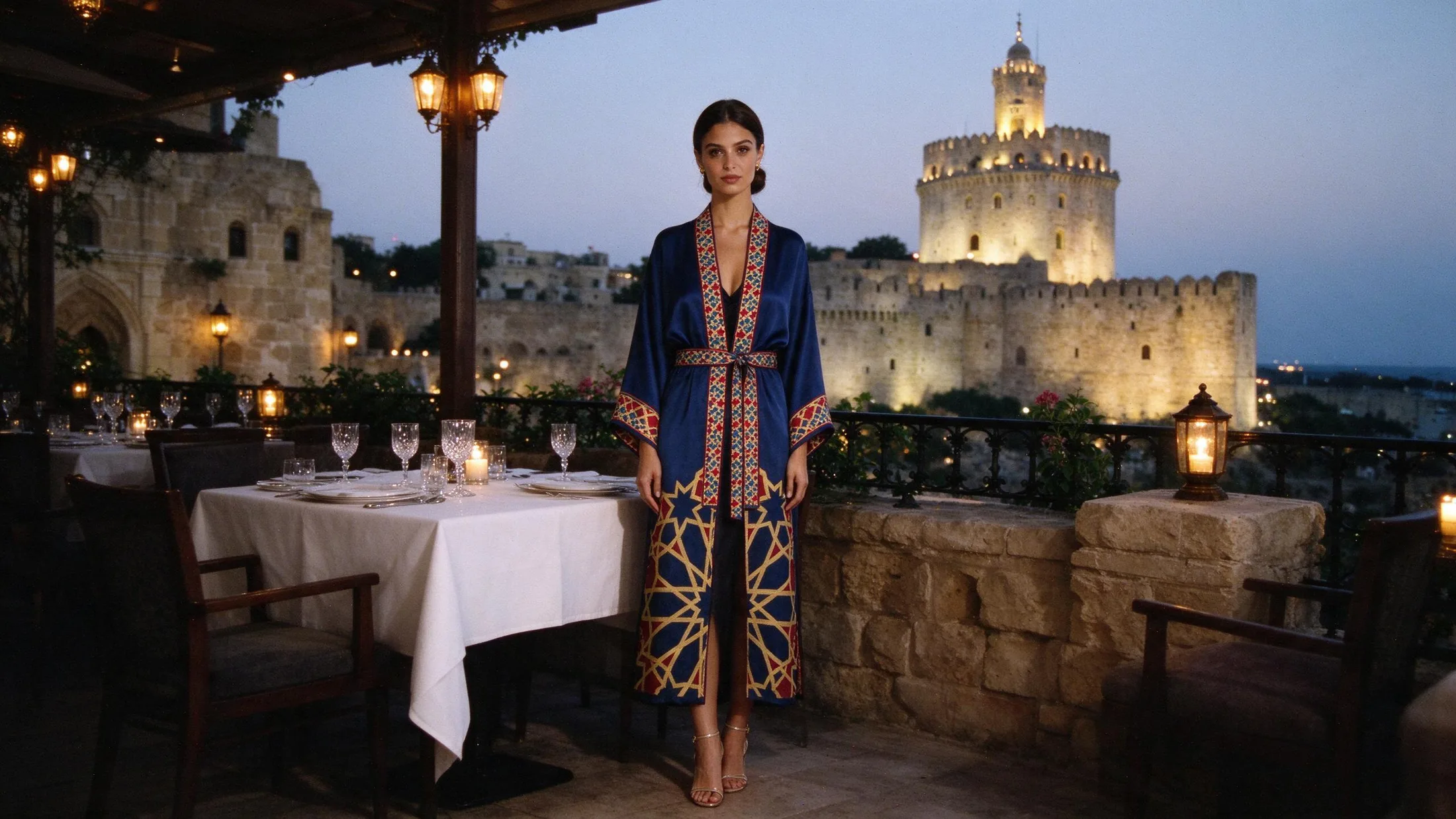 Shebeke kimono belted as an evening dress, dinner on a terrace in Baku Old City