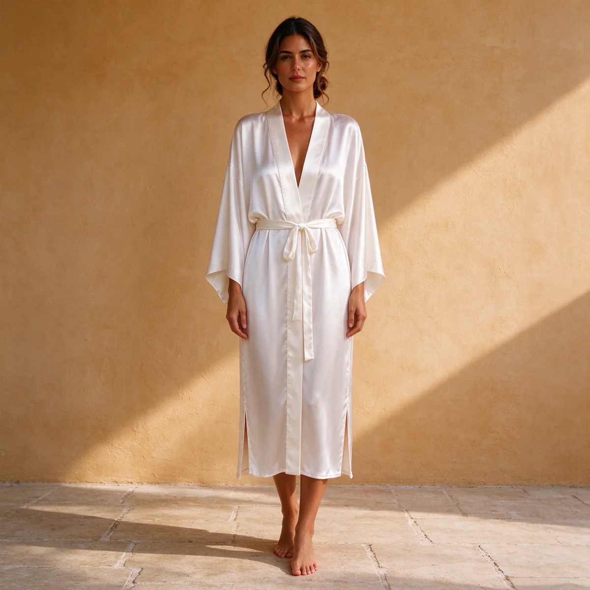 Model wearing a plain white silk kimono