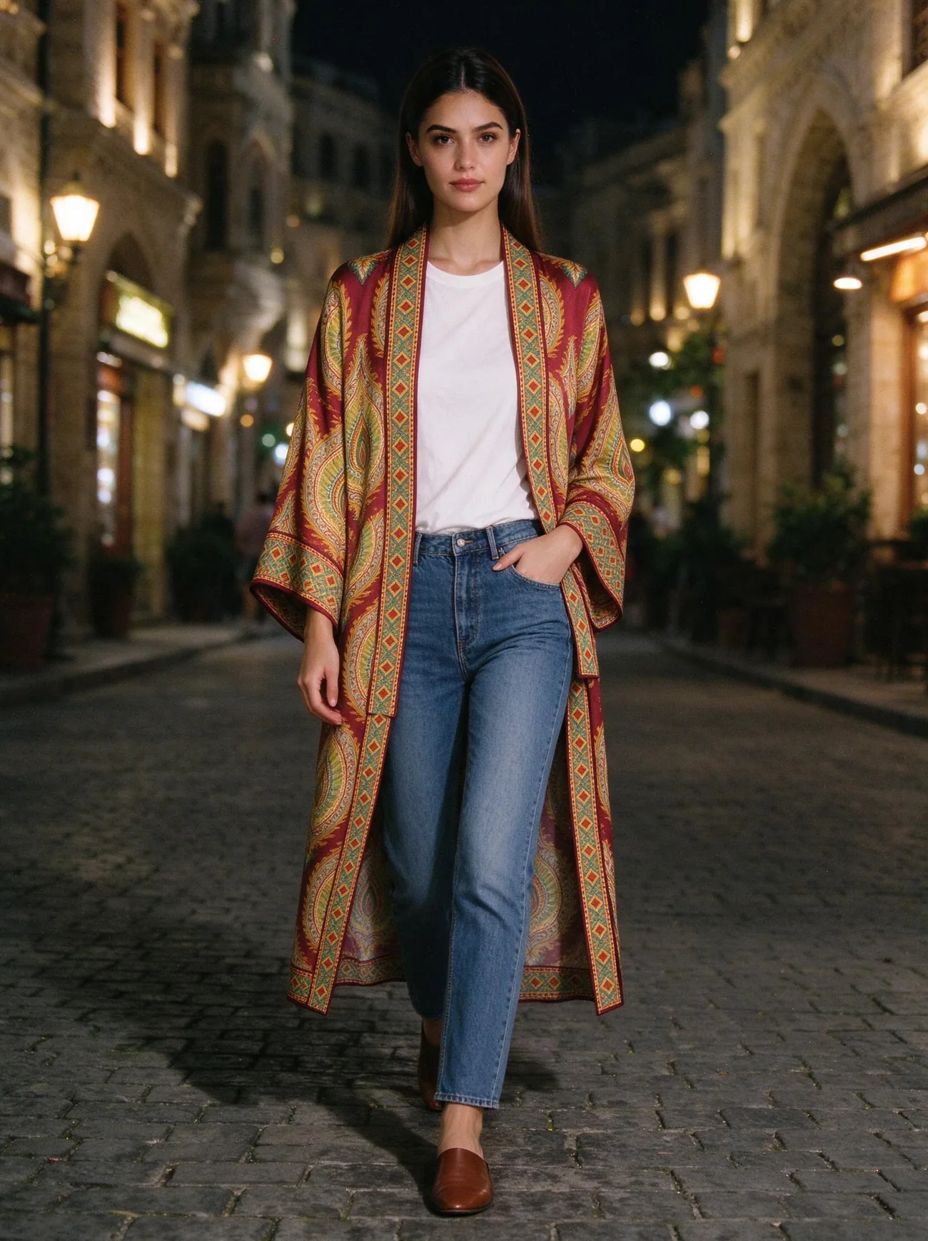 Buta kimono, in the evening, over jeans