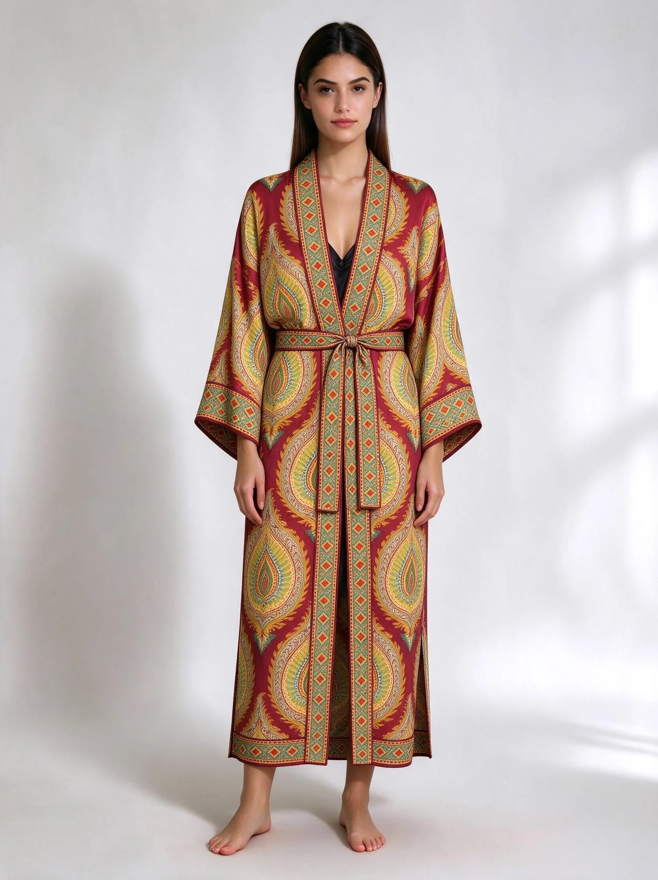 Buta kimono, belted, worn as a dress