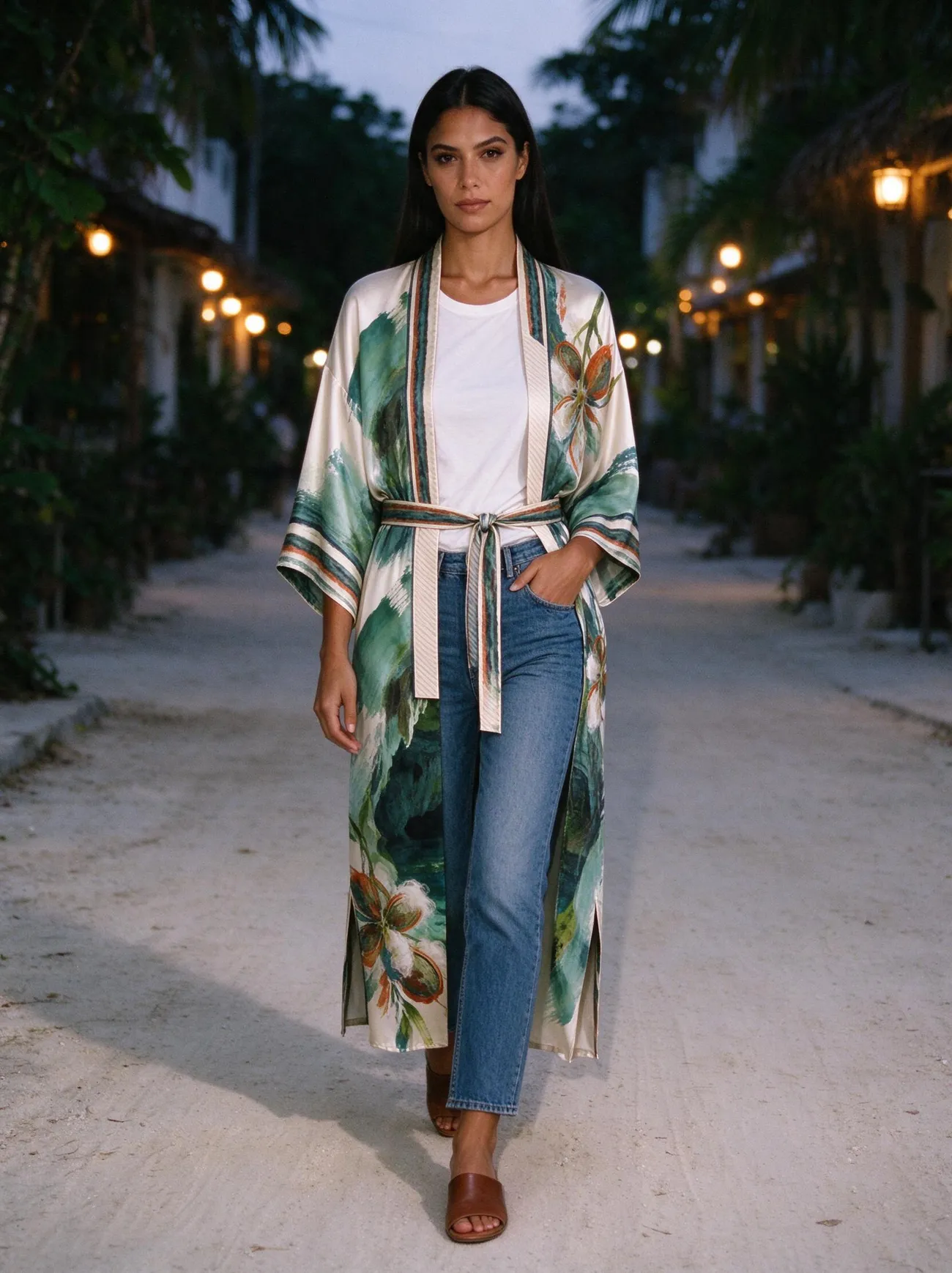 Cenote kimono, in the evening, over jeans
