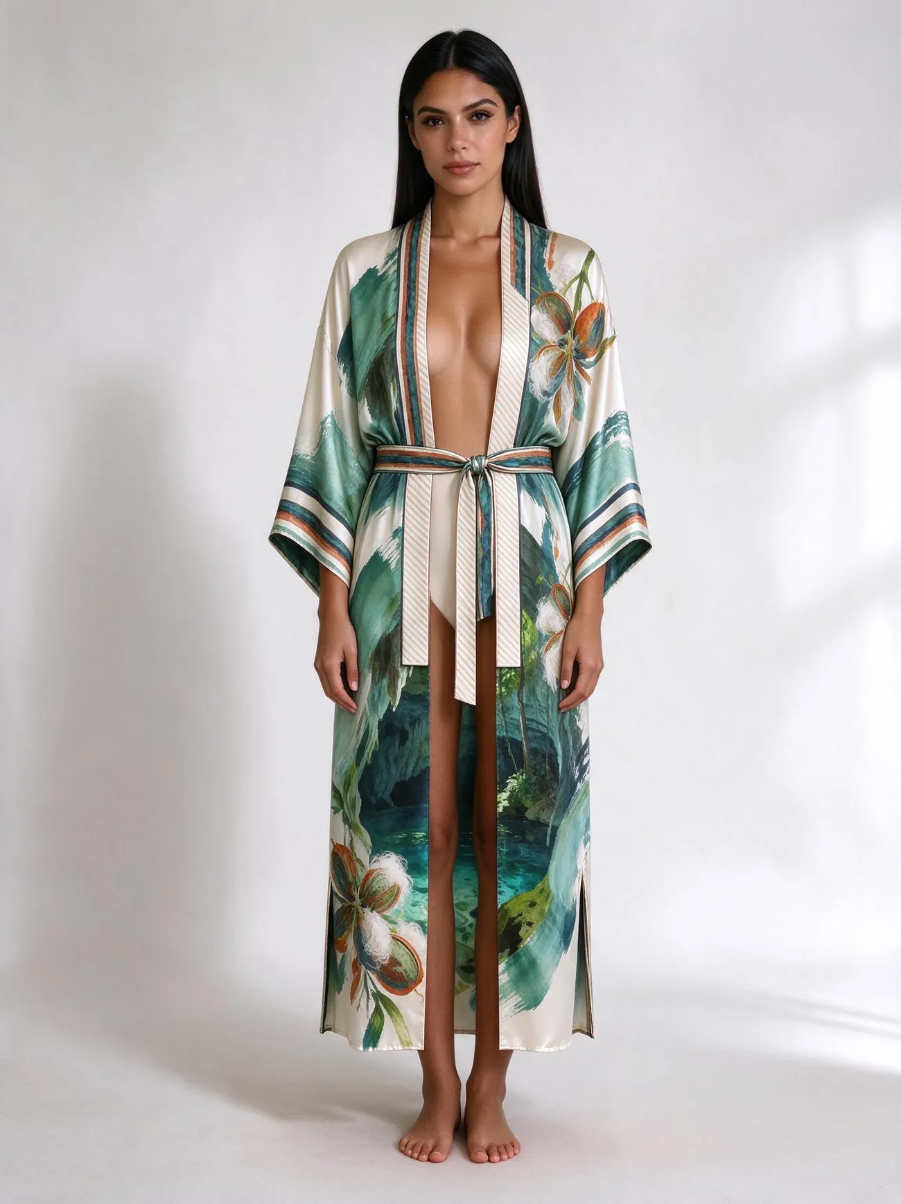 Cenote kimono, belted, worn as a dress