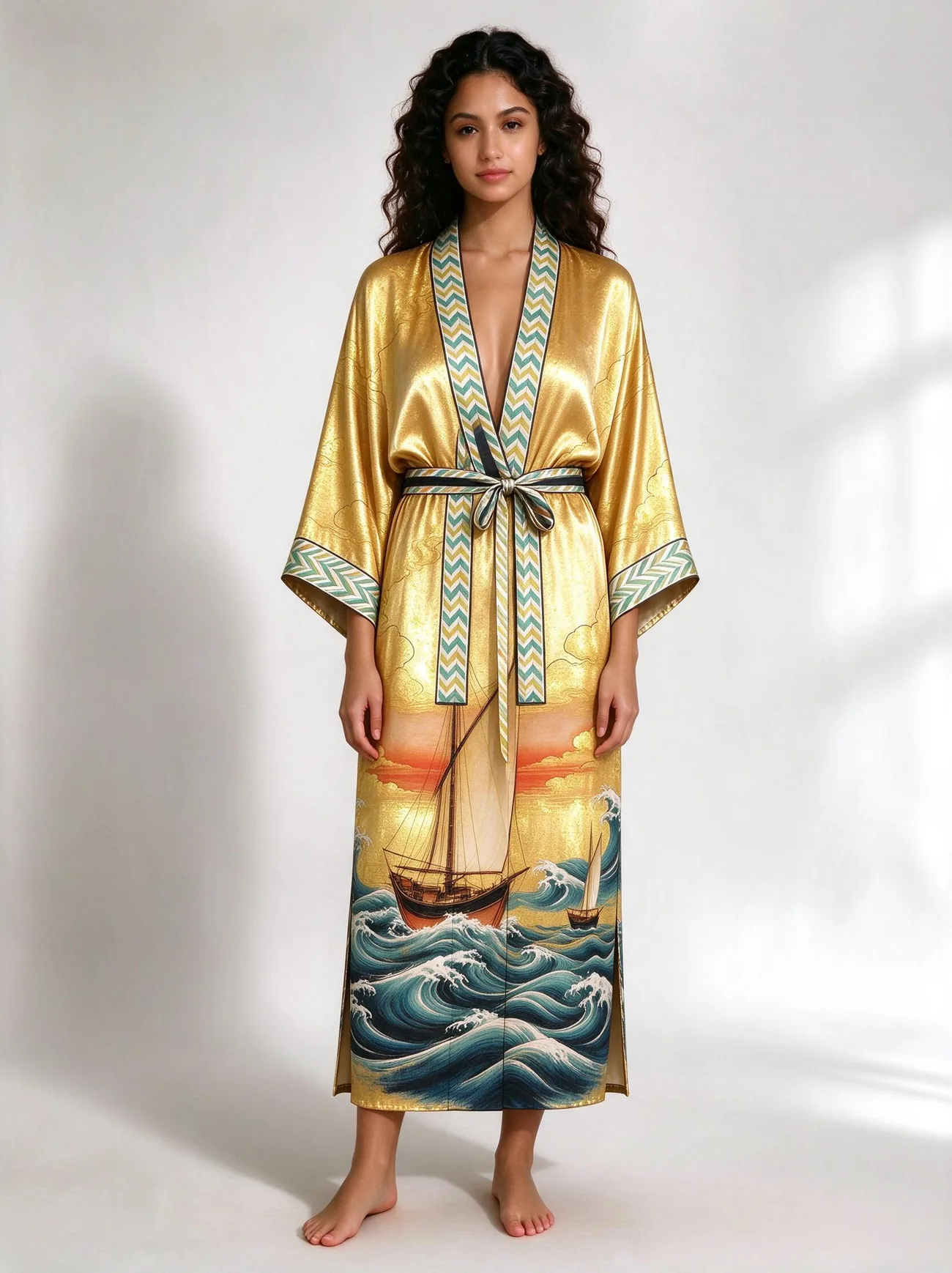 Dhow kimono, belted, worn as a dress