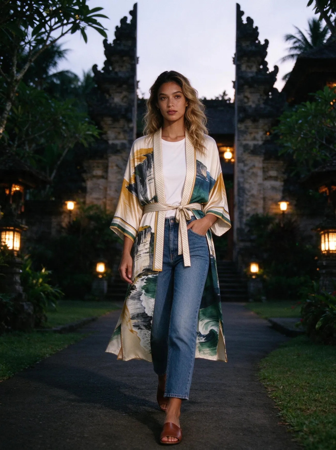 Ombak kimono, in the evening, over jeans