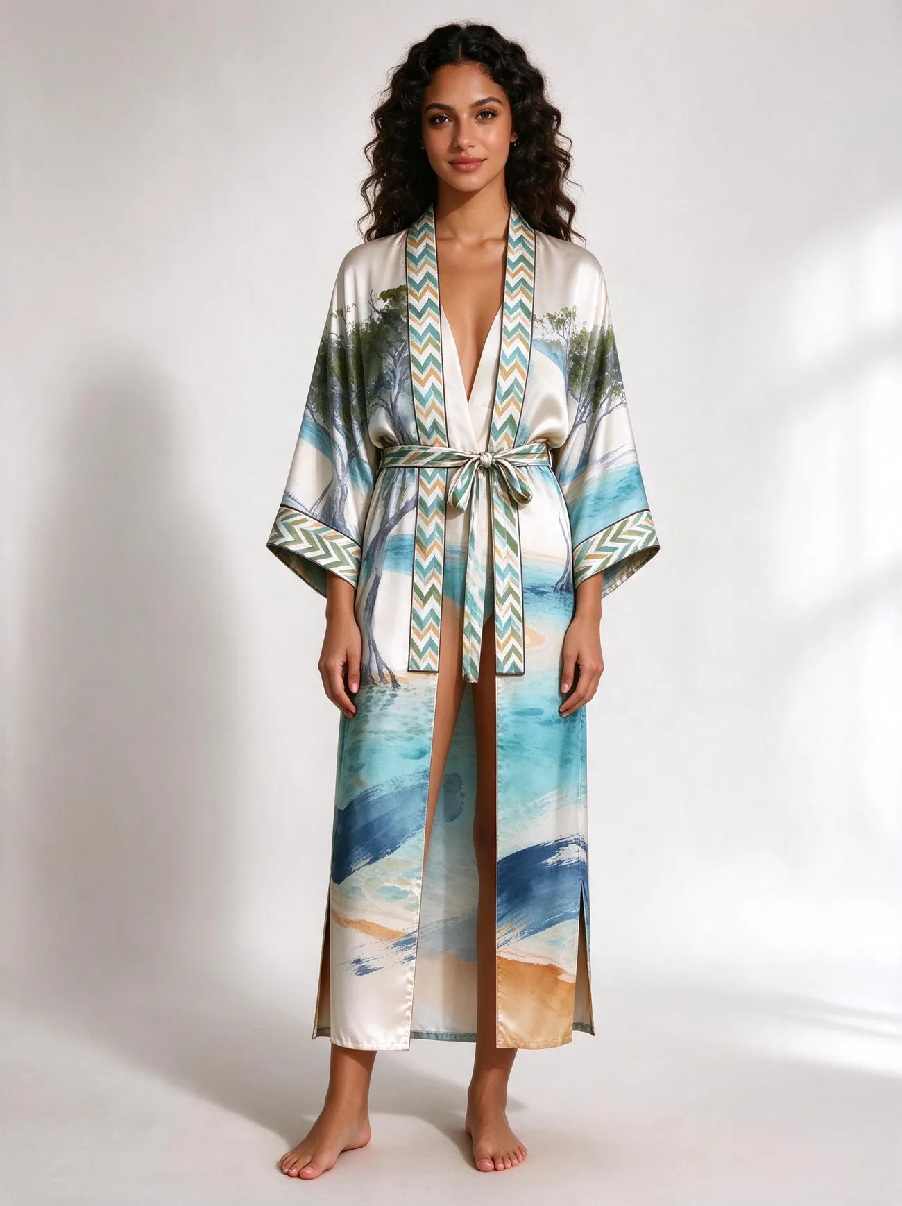 Qurm kimono, belted, worn as a dress