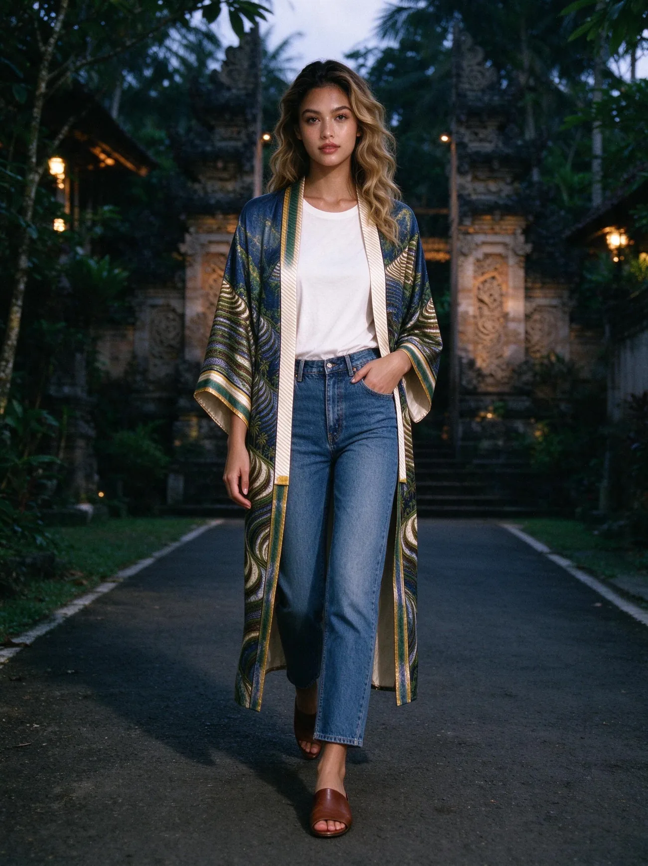 Sawah kimono, in the evening, over jeans