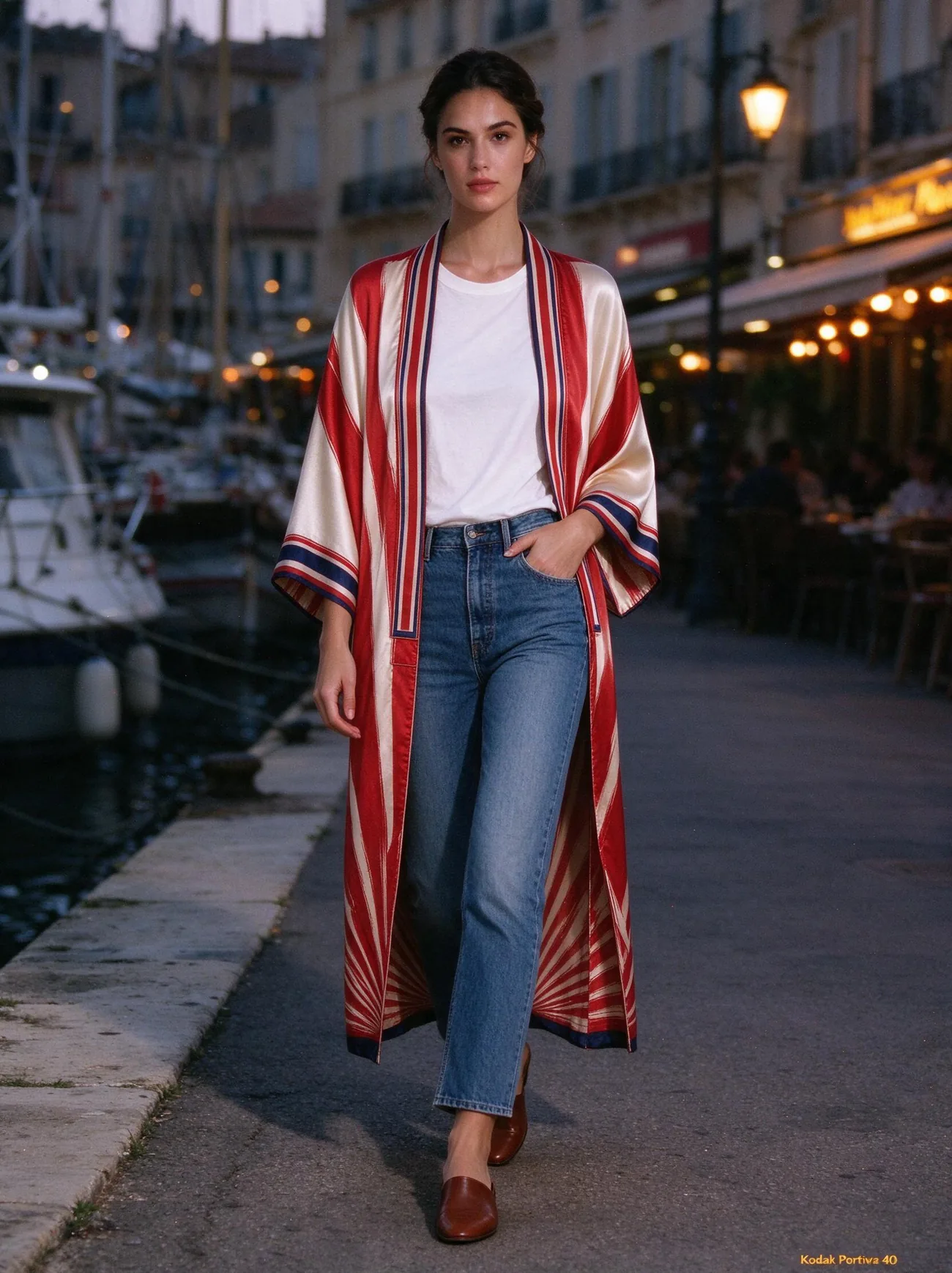 Sénéquier kimono, in the evening, over jeans
