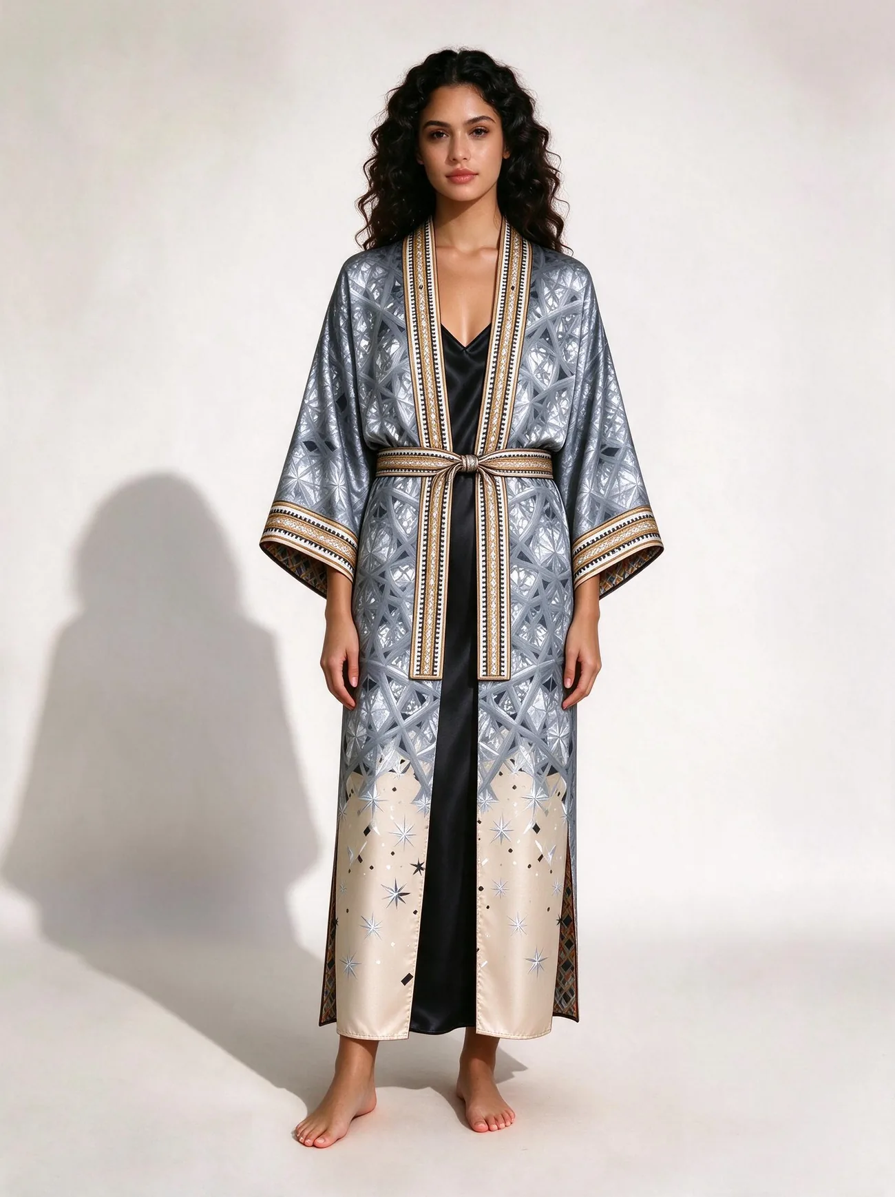 Shuaa kimono, belted, worn as a dress