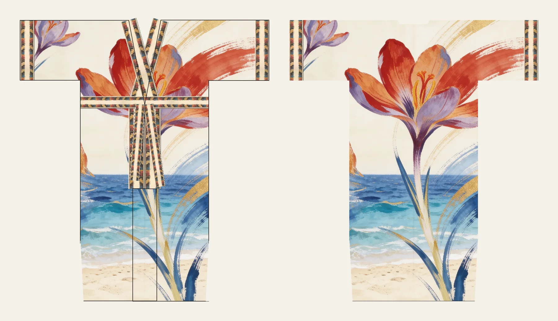Zafaran kimono, front and back, flat