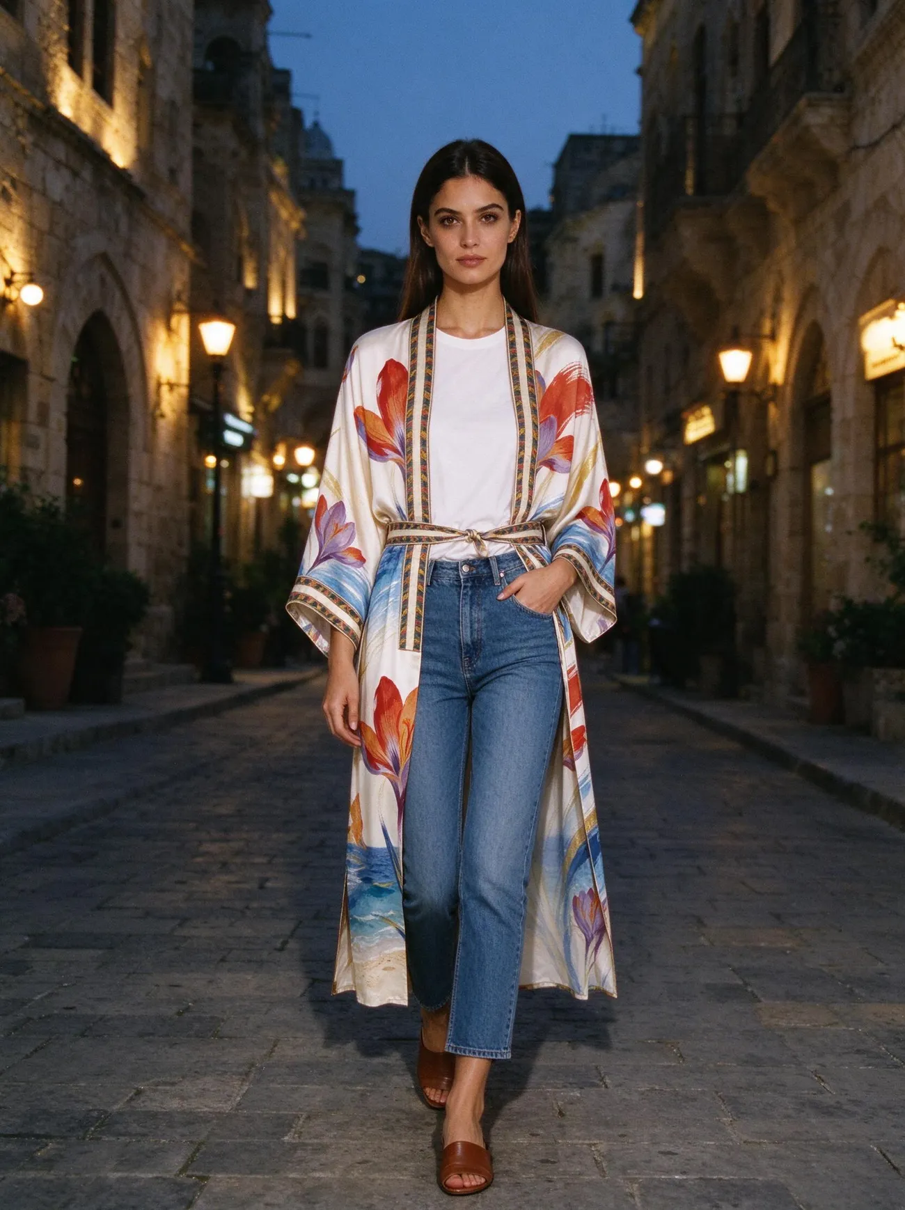 Zafaran kimono, in the evening, over jeans