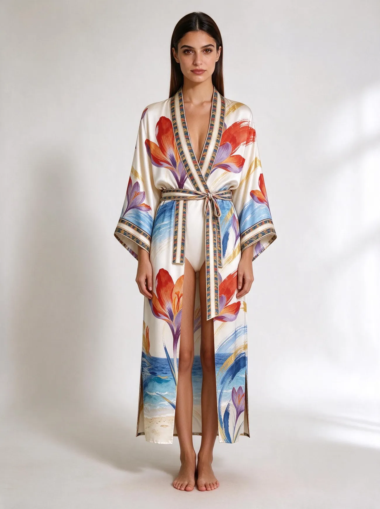 Zafaran kimono, belted, worn as a dress